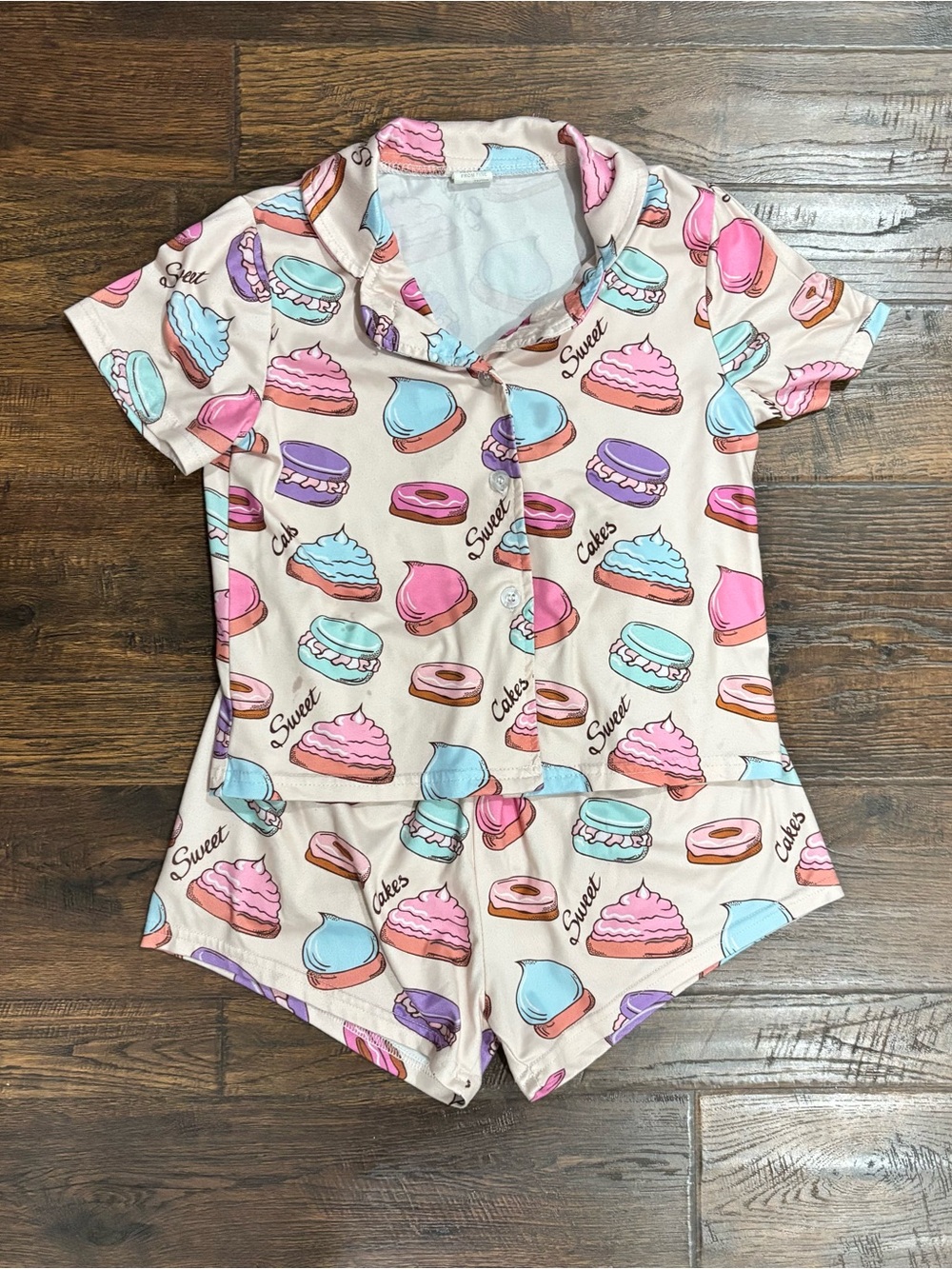 Girls Pink Dessert-Print Short Pajama Set